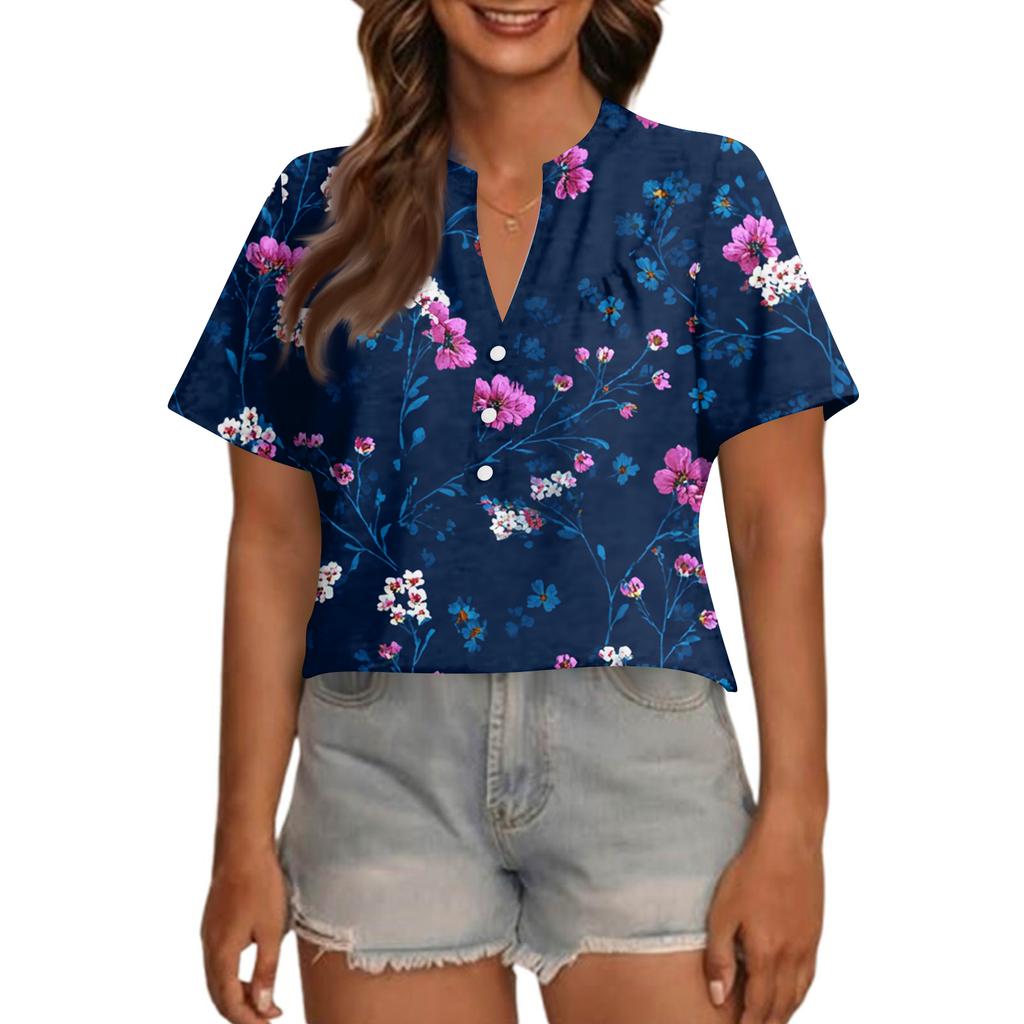 Women's Fashionable Casual V Neck Button Up Oversized Short Sleeve Printed Top