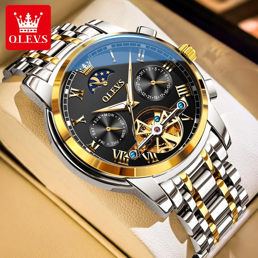 OLEVS Uhren Für Mann Mondphase Luxus Edelstahl Schwungrad Mechanische Handuhr Datum Wasserdicht Leuchtend Herrenuhr 6617