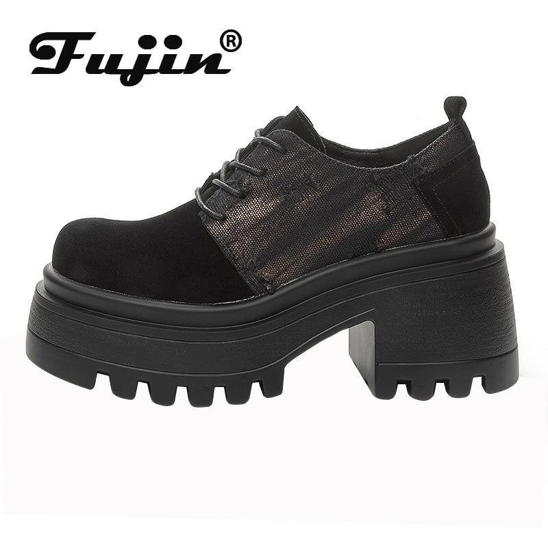 

Fujin/8,5 см, джинсовые, замшевые, из натуральной кожи, ботильоны на платформе, осень-весна, женская мотоциклетная модная обувь на толстом каблуке 34 чёрный