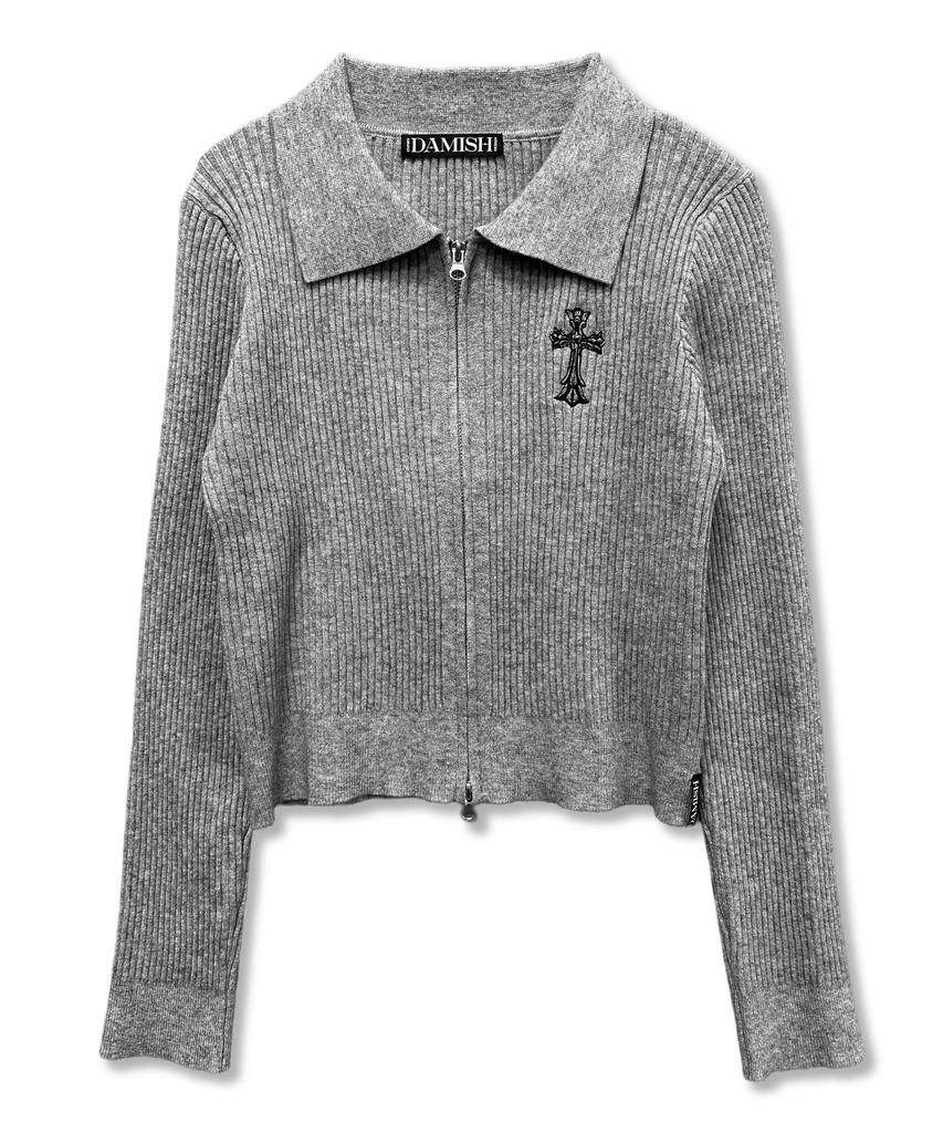 Damiswi Gothic Cross Embroidery Knit Zip-Up_Gray