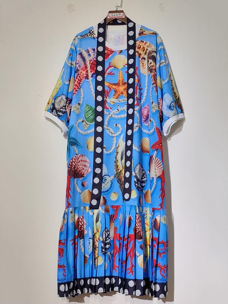 2025 Women's Retro Geometric Print Short Sleeve T-Shirt Dress with Loose Puffy Skirt