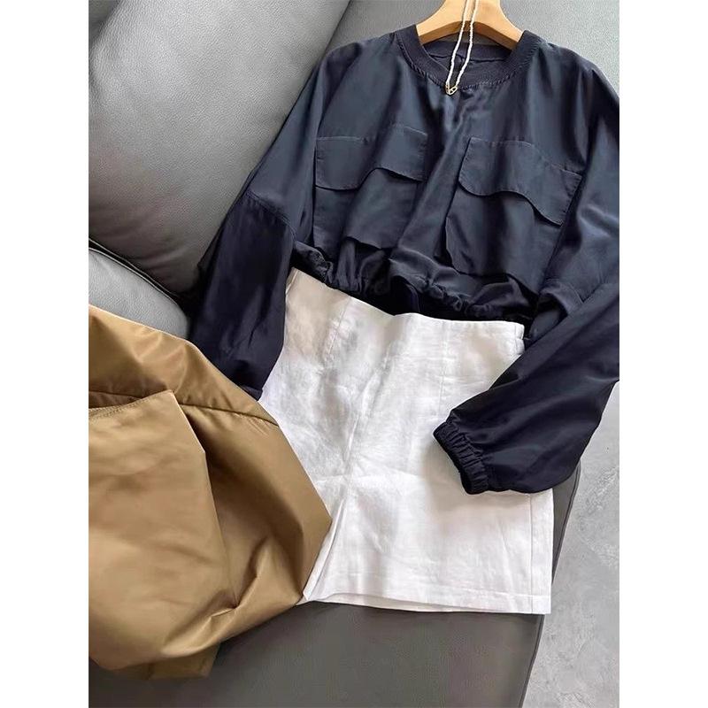 French Navy Blue Shirt Women's Spring and Autumn New Hem Drawstring Design Sense Niche Loose and Versatile Temperament Top 11