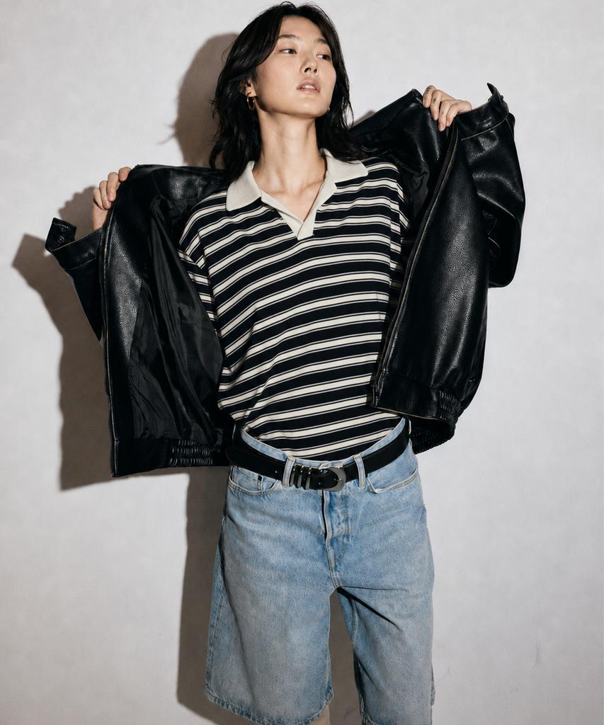 MOAA Harbor Stripe Collar Tee (Melange Gray)