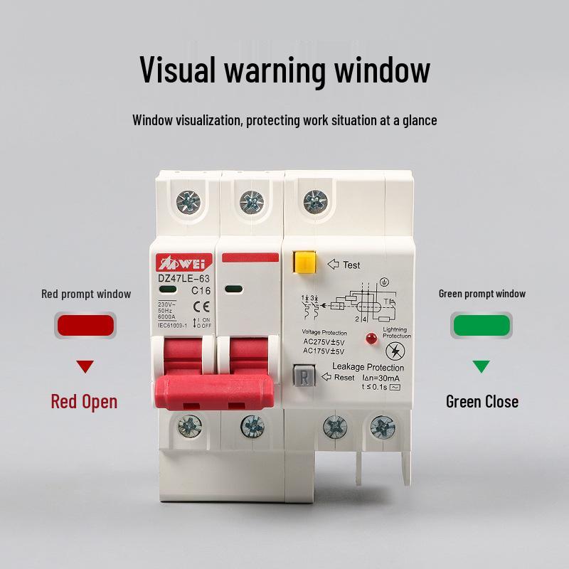 220V Dual-Pole Circuit Breaker: Lightning Protection, Over/Under Voltage, Leakage Guard, 32A/63A.