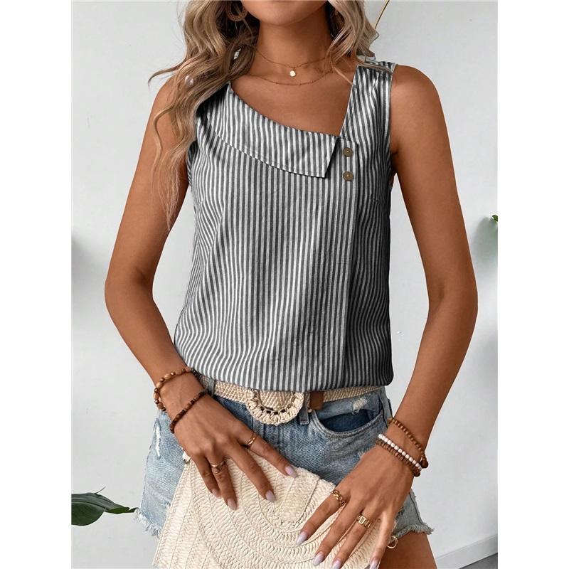 Women Striped Sleeveless Tank Top Asymmetrical Neck Button Decor Casual Summer Blouse