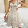 European and American summer new retro floral skirt, waist V-neck bubble sleeve French dress
