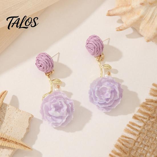 Bohemian Style Earrings 1 Pair Boho Raffia Ball Flower Earrings, Handmade Leaf Romantic Branch Drop Dangle Wedding Bridal Party Jewelry for