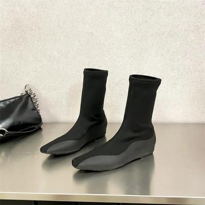 New Autumn Lycra Micro Elastic Knee Boots Knee Knight Shoes Wedge Heel Ankle Boots Small Square Head Women's Shoes 35-40