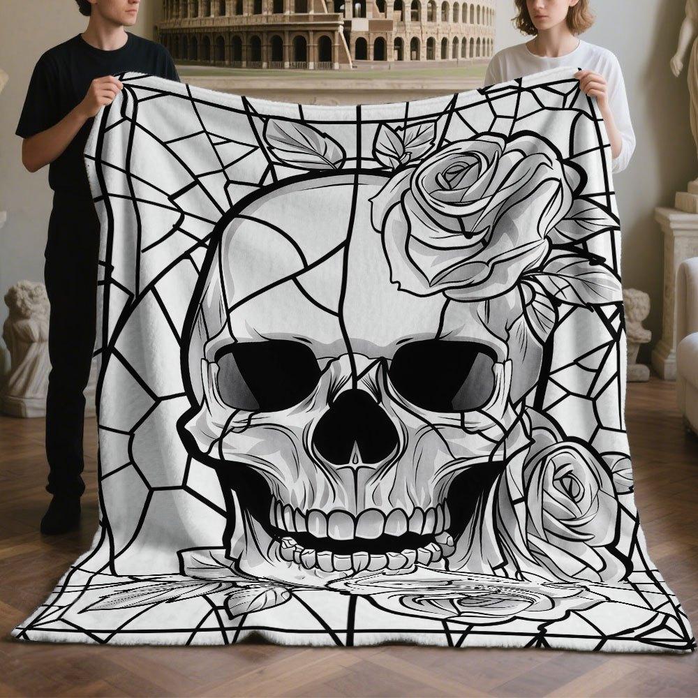 1pc Coloring Stress Relief Hand-Drawn Style Blanket, Gothic Skull Rose Flannel Blanket, Adult Coloring Hand-Drawn Style Coverlet, Creative Graffiti Co