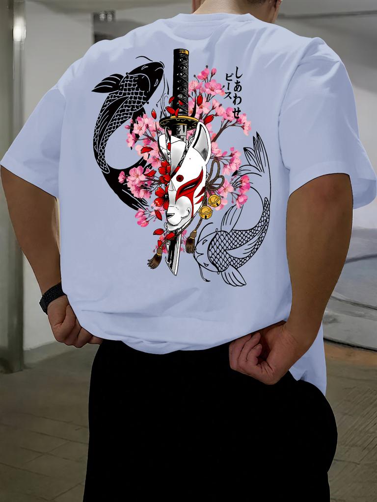 Printed Tshirt For Unisex New Summer Fashion Japanese Koi Fox Mask Katana Cherry Blossom Printed Tee Machine Washable Sxxl