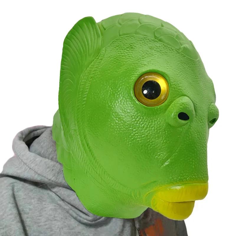 Смешная зеленая рыба голова полнолицевая маска головной убор Хэллоуин животное латексная — фото 4