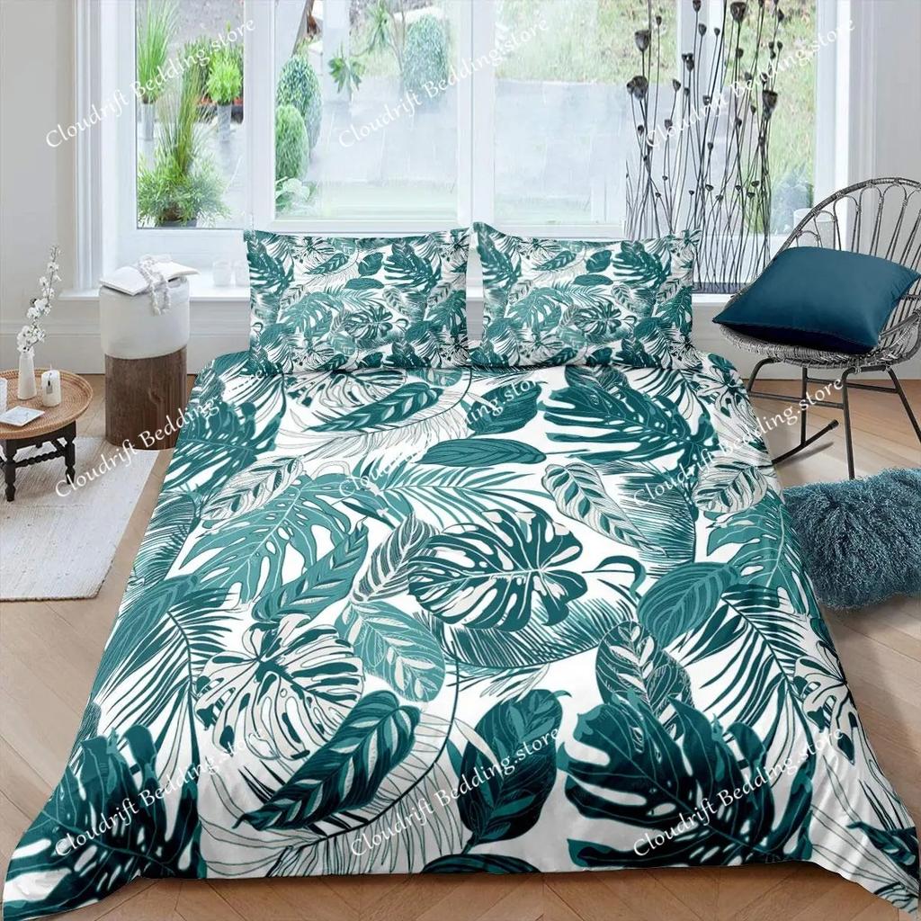 Dekbedovertrek met palmbladeren Monstera blad dekbedovertrekken Tropische groene bladeren Beddengoedset Wit marmer dekbedovertrek Voor mannen vrouwen