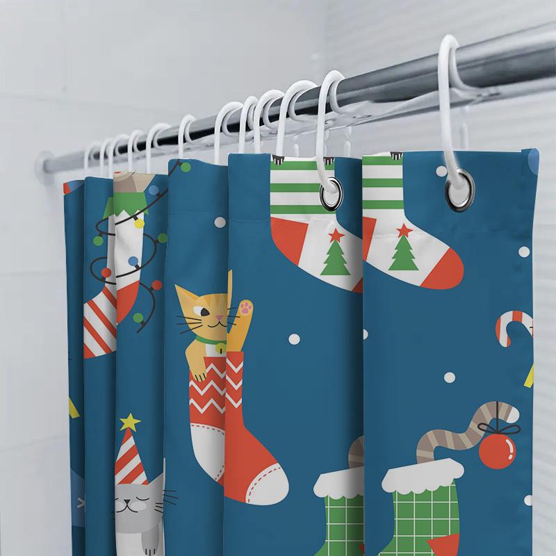Blue Shower Curtain with Christmas Stockings and Cats Festive Bath Decorations for Bathroom
