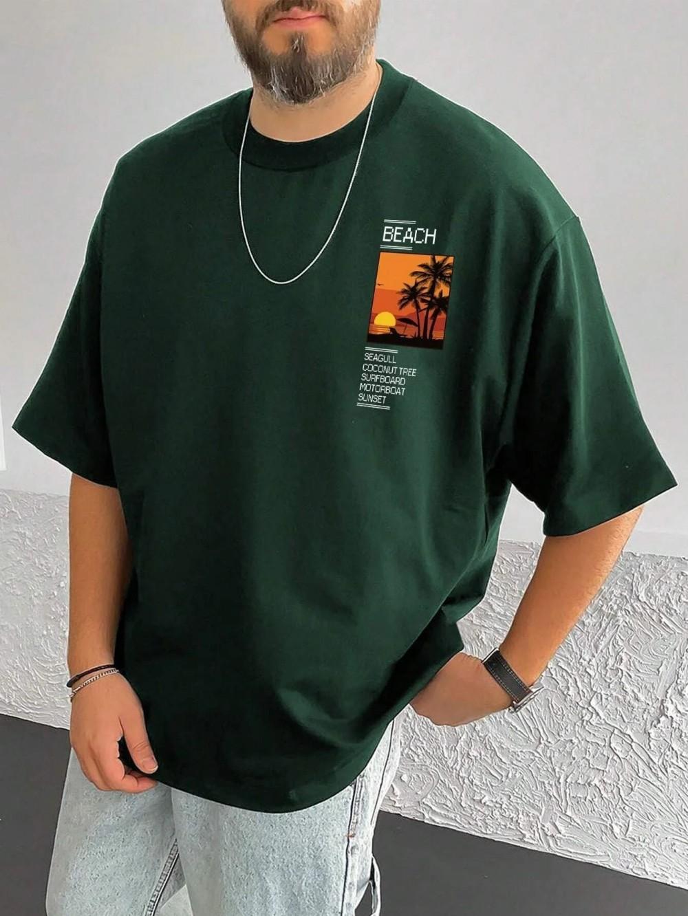 Summer mens new coconut tree sunset print comfortable and breathable round neck Tshirt outdoor urban casual top 4XL