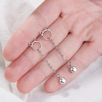 925 Sterling Silver Cat Bell Long Tassel Earrings Cute Animal Jewelry For Women Dangle Drop Earrings S-E675