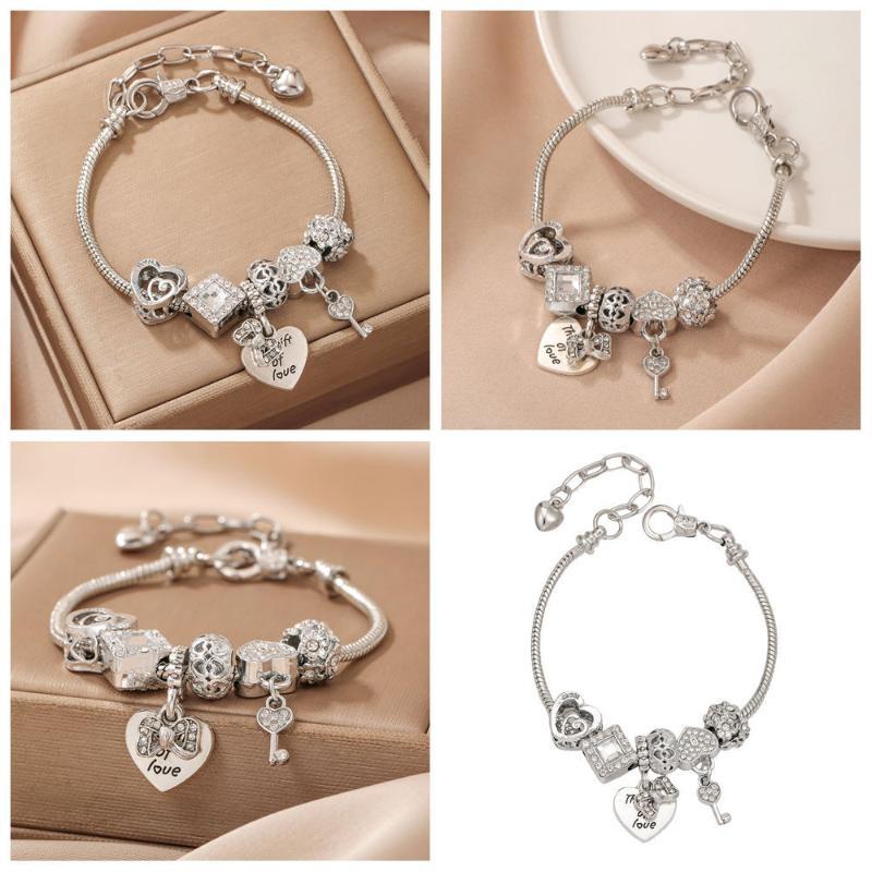Pulsera de Charms Chapada en Plata DIY Cuentas con Agujero Grande Corazón Llave Colgante de Pedrería Cadena Ajustable Joyería Para Mujeres Regalo de Fiesta