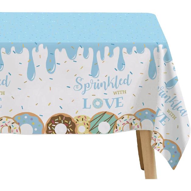 Donut Baby Sprinkle Decorations Boy Tablecloth - Sprinkled with Love Baby Shower Decorations Party Supplies Table Cover, Blue Donut Baby Shower