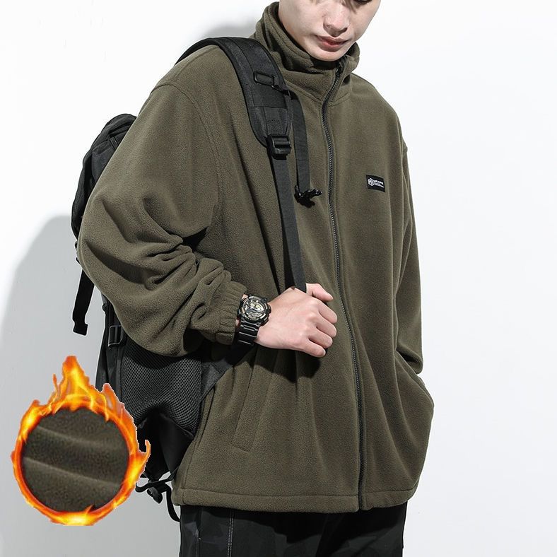 Lamb Woolen Jacket Fleece Sweatshirt Men's Autumn/Winter Couple Stand Collar Flocking Student Outerwear Casual Jack