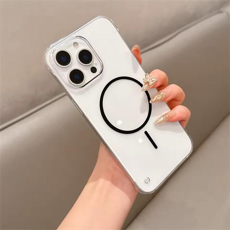 

Тонкий безрамный прозрачный жесткий ПК чехол Magsafe для iPhone 16 15 14 13 12 Pro Max Plus охлаждающий магнитный беспроводной зарядный чехол iPhone 14 чёрный