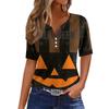 Women Casual Halloween Print V Neck Short Sleeve Button T Shirt Lightweight Soft Fabric Relaxed Fit Top for Everyday Wear