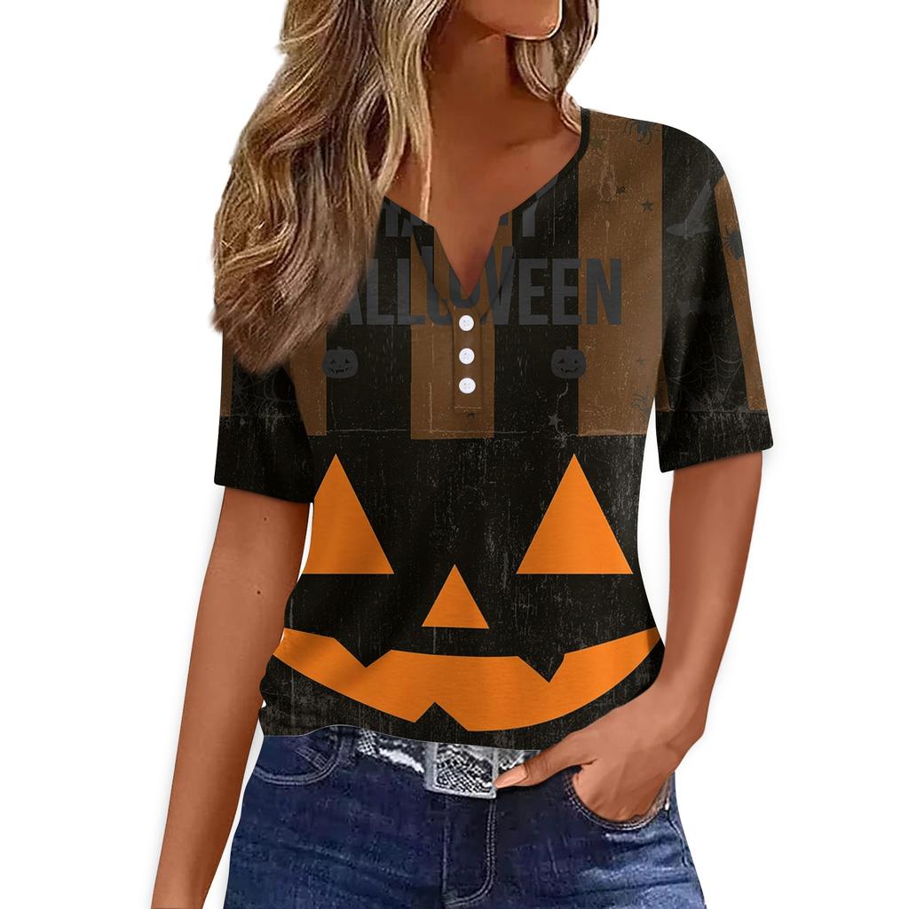 Women Casual Halloween Print V Neck Short Sleeve Button T Shirt Lightweight Soft Fabric Relaxed Fit Top for Everyday Wear