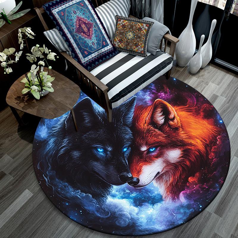 Fire and Ice Wolf Round Area Rug,Carpet Rug for Living Room Bedroom Sofa Playroom Decor,Non-slip Floor Mat