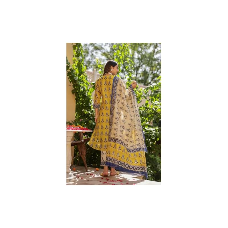 GoSriKi Women's Cotton Blend Straight Printed Kurta with Pant & Dupatta (Uchiha Mustard-GS_L_Mustard_Large)