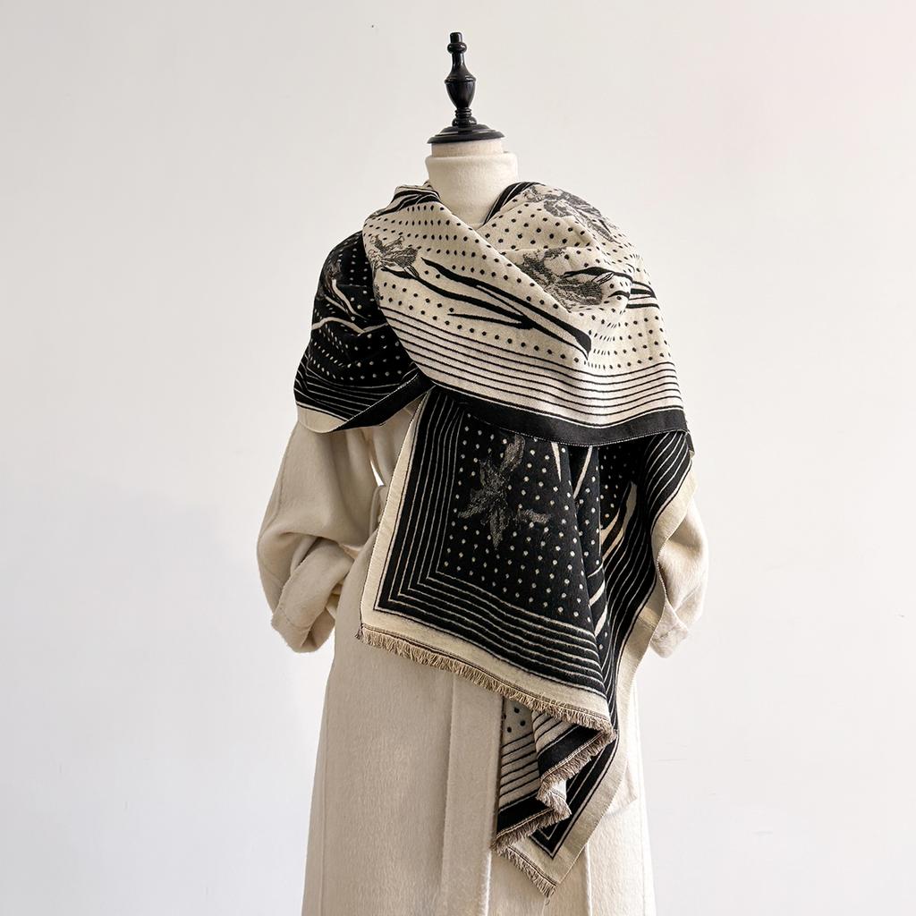 Luxury Women'S Cashmere Scarf - Winter Warm Tasseled Striped & Polka Dot Printed Pashmina Shawl, Foulard & Poncho