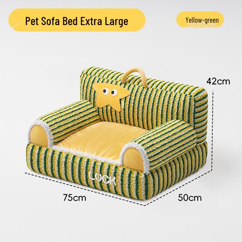 Plush Four Seasons Cat & Dog Bed - Cozy, Non-slip, Raised Striped Sofa for Autumn & Winter