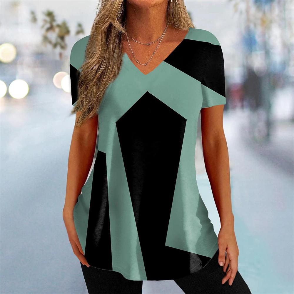 Fashionable Comfortable Breathable T-shirt Summer Colorful Retro Geometric 3D Pattern Women's V-neck Short Sleeved T-shirt