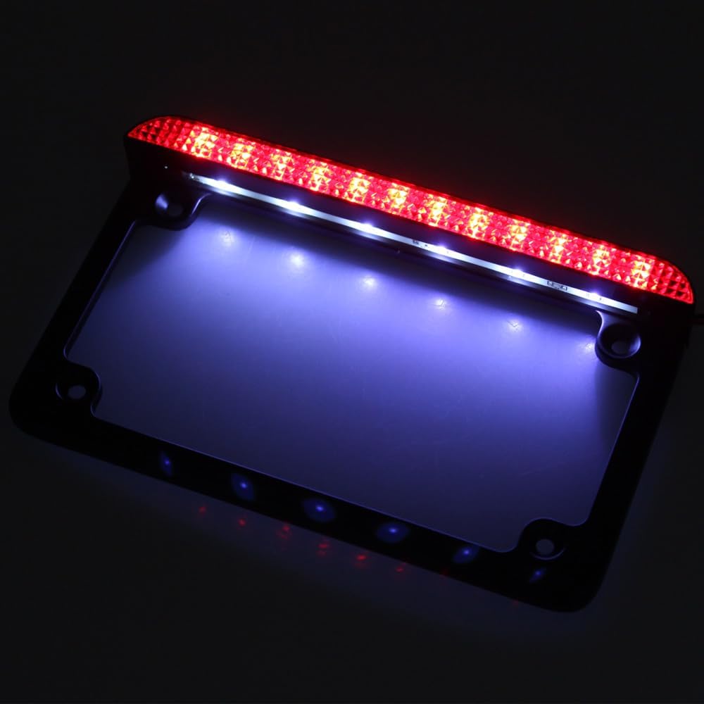 Universal Motorcycle Aluminum License Plate Frame w/LED Light Brake Tail Light, 7"×4"(OD) (Black-Red)