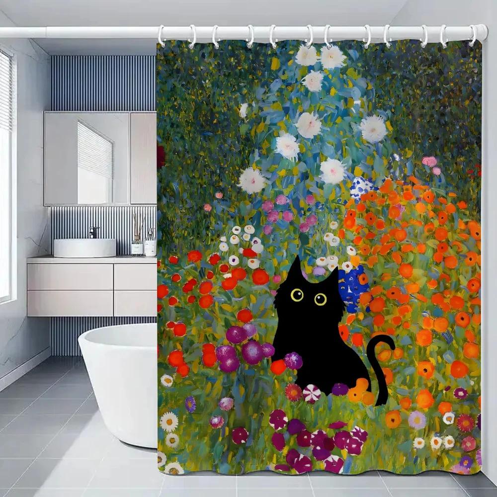 Black Cat Cover Curtain Cloth Curtains For Bathroom Shower Curtins Bath Waterproof Fabric Full 200X180 Funny Products Household