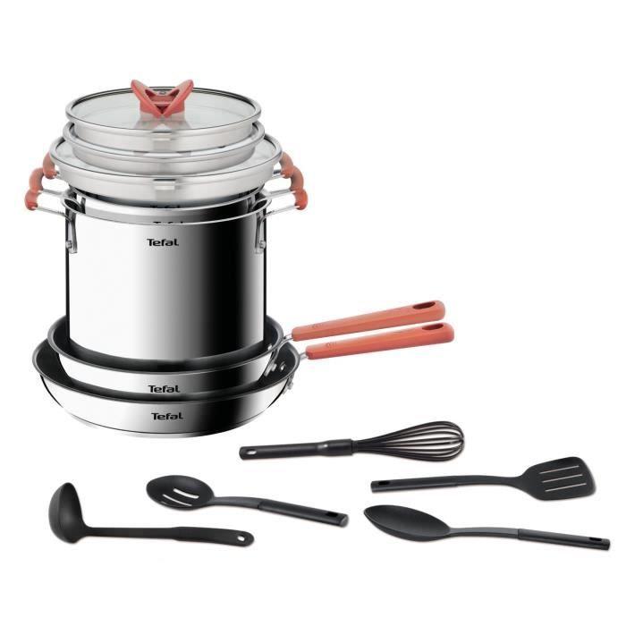 TEFAL G721SD74 Batterie de cuisine 13 pièces, Induction, Acier inoxydable + revêtement antiadhésif, Poêle, Casserole, Opti'Space