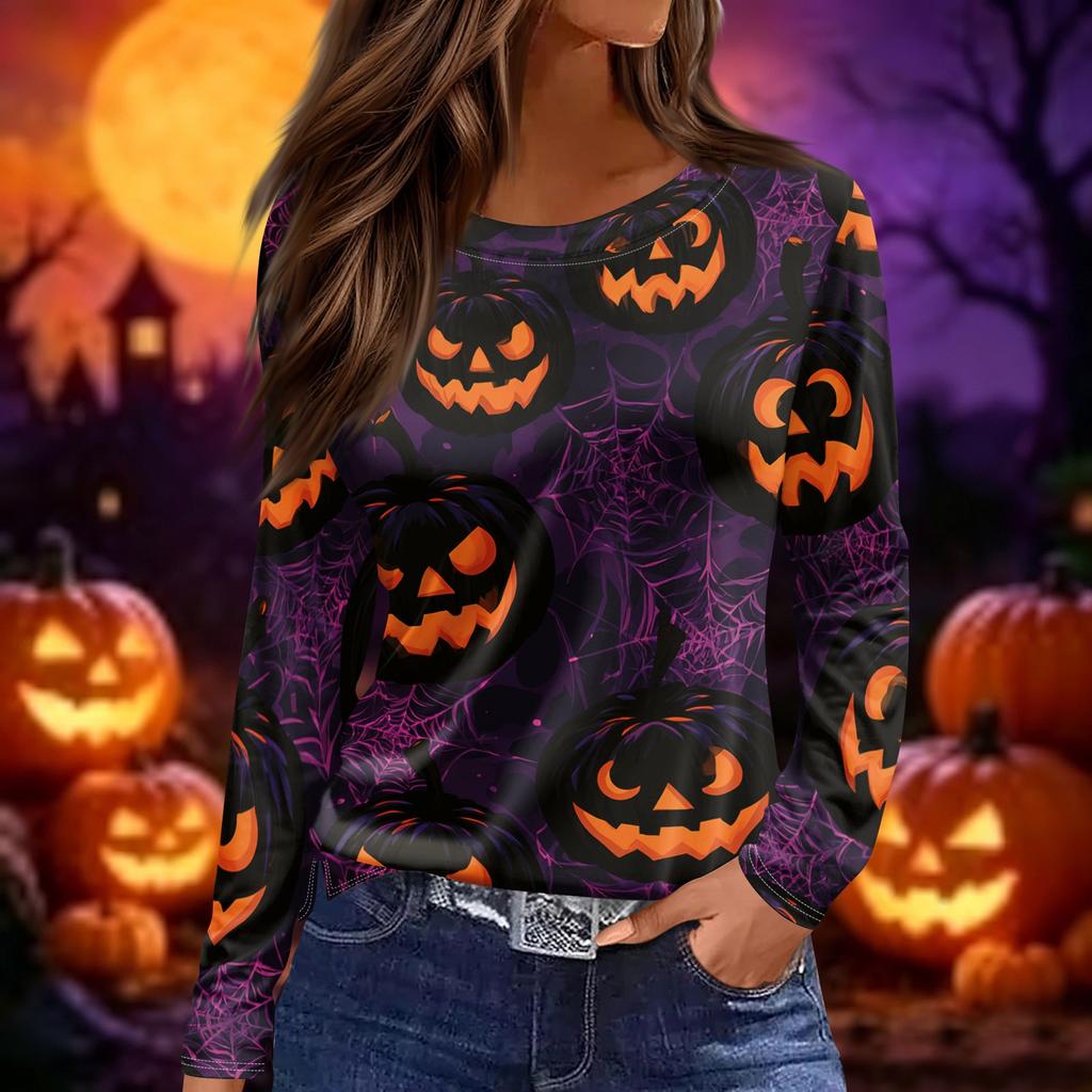 Women's Halloween Print Long Sleeve Round Neck Top with Hem Slits for Casual Fall Outings