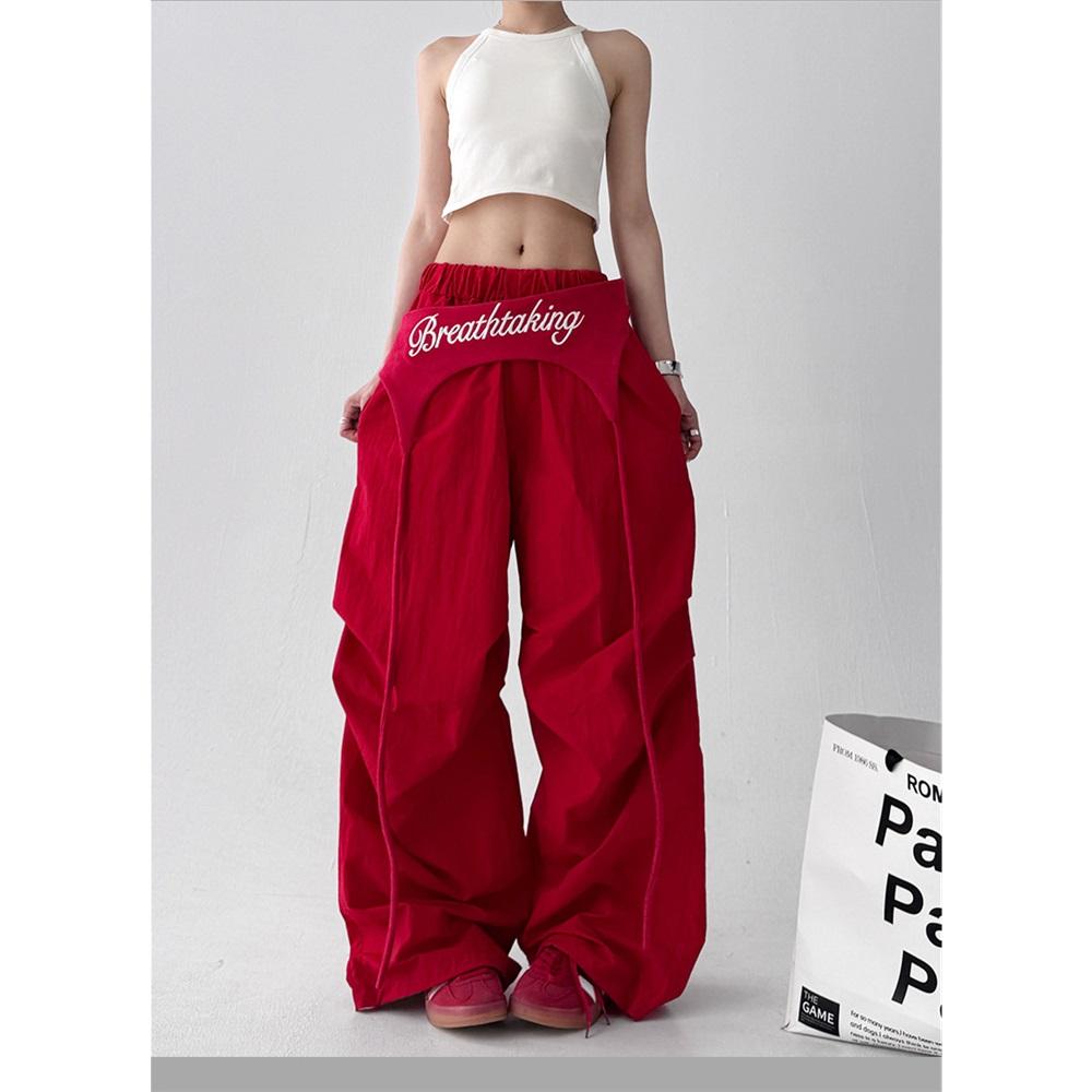 Amerikaanse Trendy Wijde Broeken Voor Vrouwen Met Gelaagd Bandontwerp Hip-hop Jazz Retro Casual Losse Scimitar Broeken XL rood