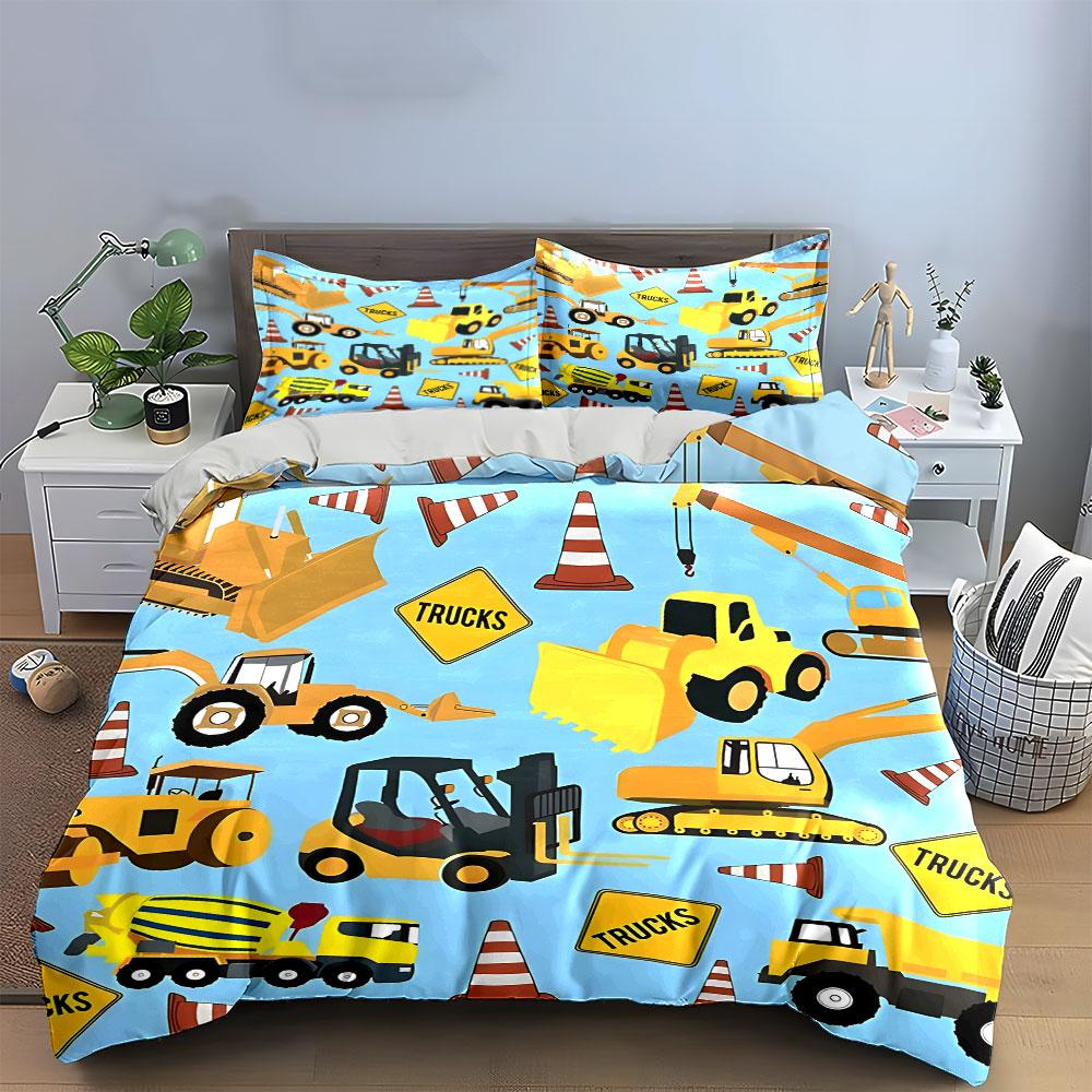 Construction Vehicle Themed Decorative Set Kid'S And Adults' Bedroom Decor, Exquisite Three-Piece Bedding Set Gift