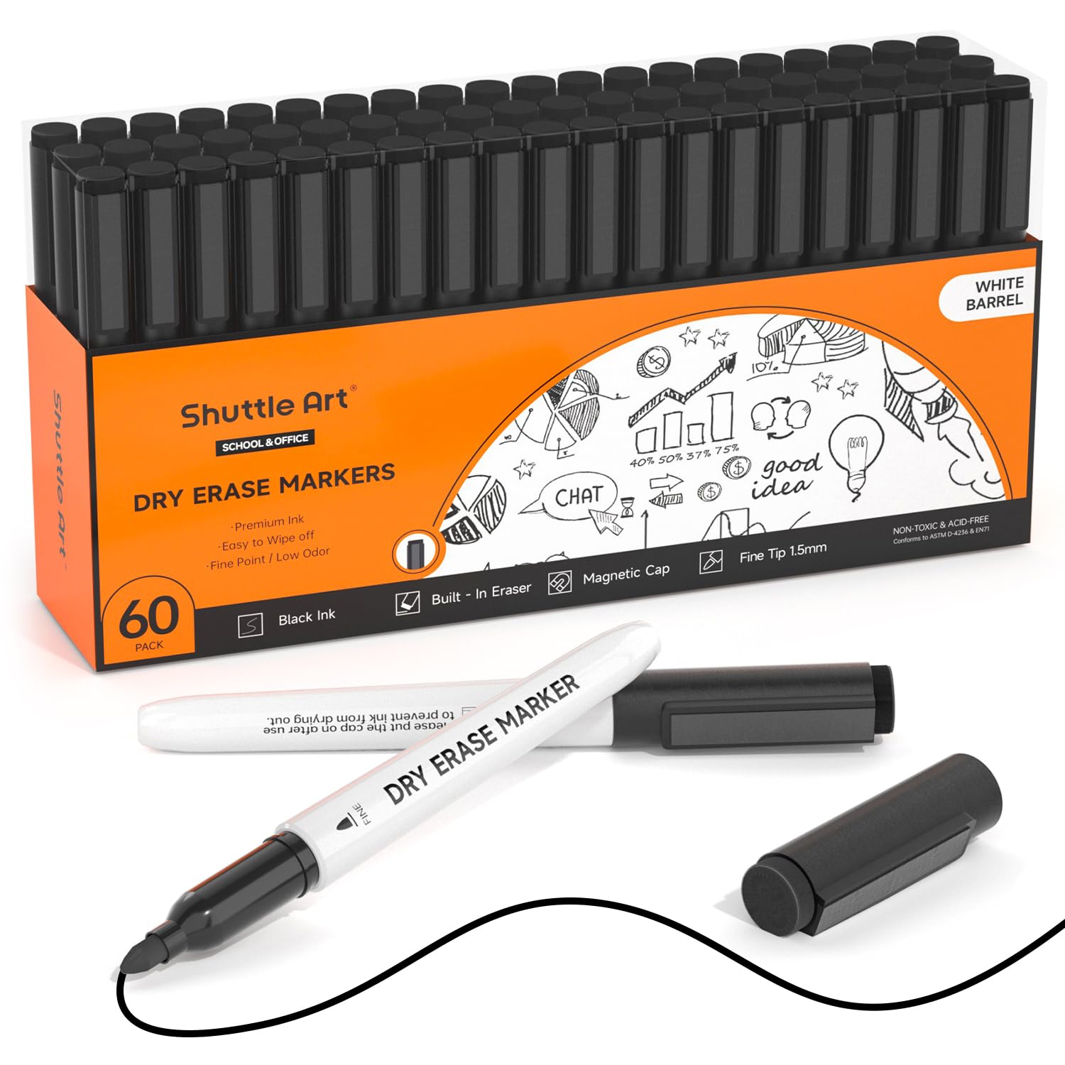 

Shuttle Art Black Whiteboard 60 Erasable Markers with Magnets and Black Fine Quick Odorless and for and LED for and Kids Markers, Eraser, Point,