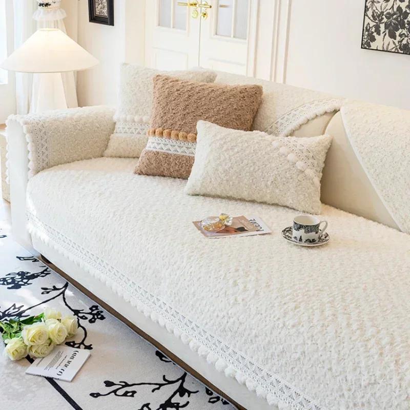 Čtyři roční období Univerzální Plyšový Potah na Pohovku Protiskluzový Sedák Okraj s Bambulkami Podzim Zima Kožený Krémový Styl Podložka na Pohovku
