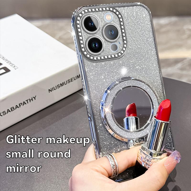 KEYSION Luxury Glitter Jewelled Magnetic Phone Case for iPhone 13 14 Pro Max Makeup Mirror Ring Stand Shockproof Back Cover