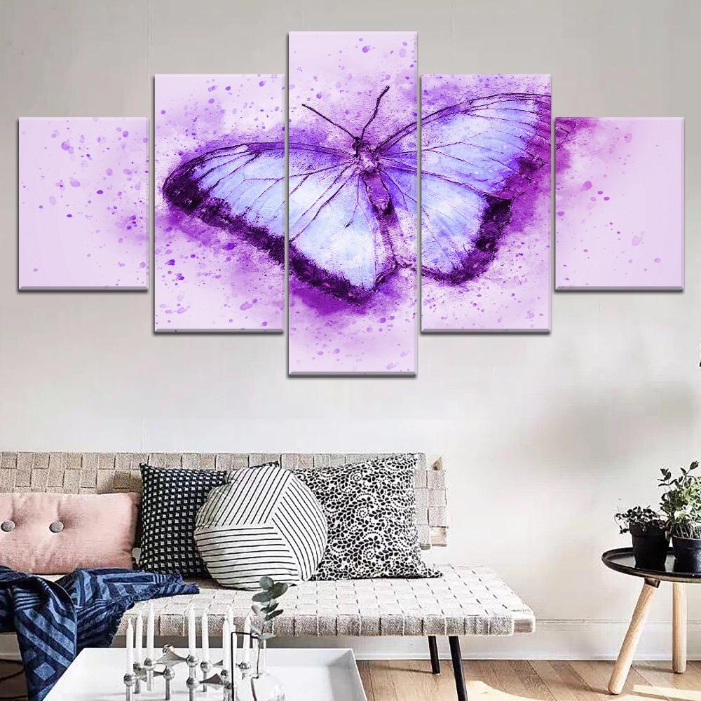 Paintings Canvas 5 Piece HD Print Picture Modern Poster Purple Butterfly Decoration Wall Art for Home Decorations Wall Decor No Frame