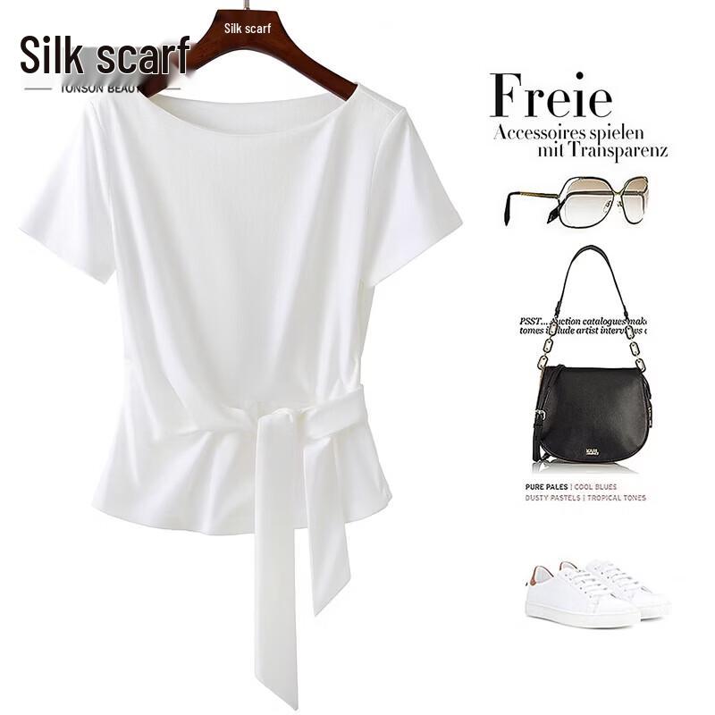 Women s Solid Round Neck Slim Fit T-Shirt with Tie Detail L