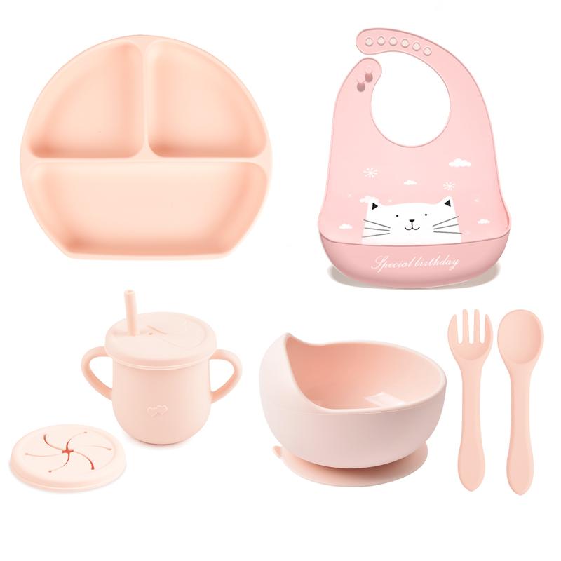 7pcs/set Baby Silicone Tableware Cartoon Printed Bibs Sucker Bowl Plate Cup Spoon Fork Sets Non-slip Children's Dishes BPA Free