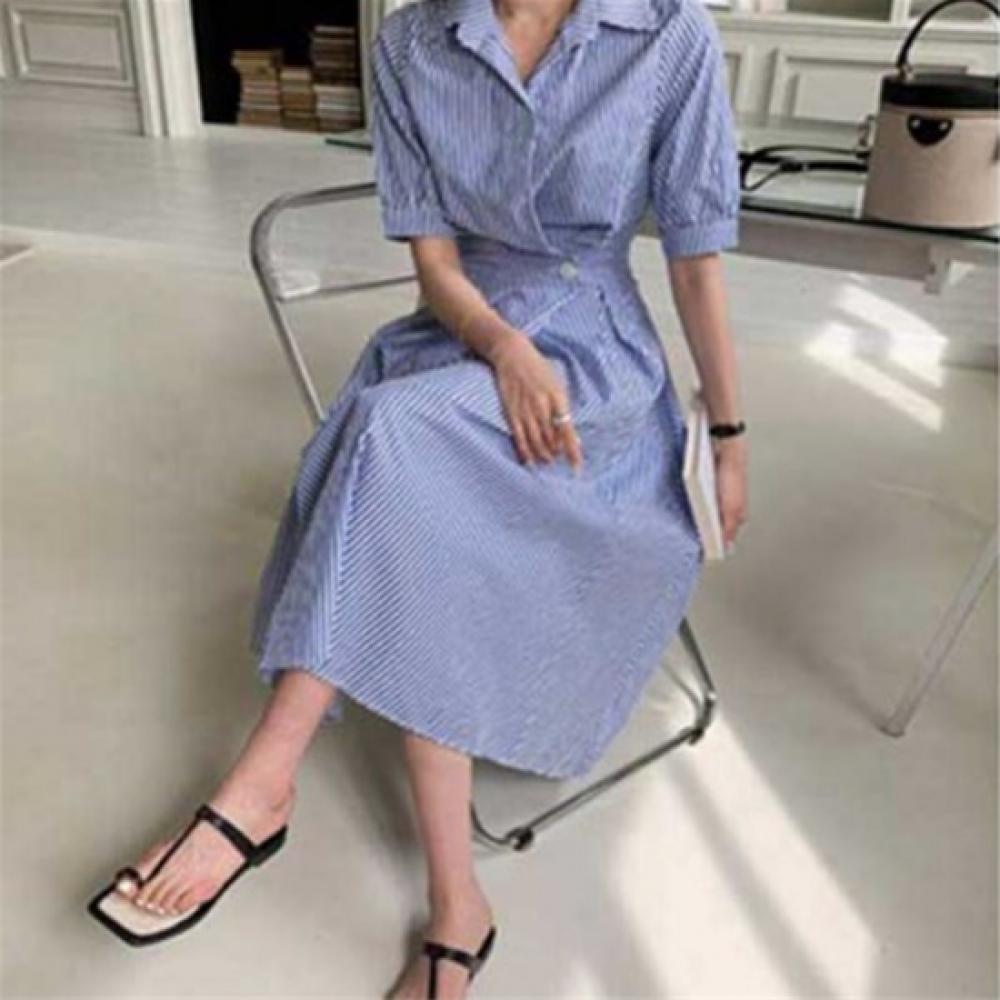 New Arrivals Open Run Women Waist Button Collar Neck Short Sleeve LonG Flare G