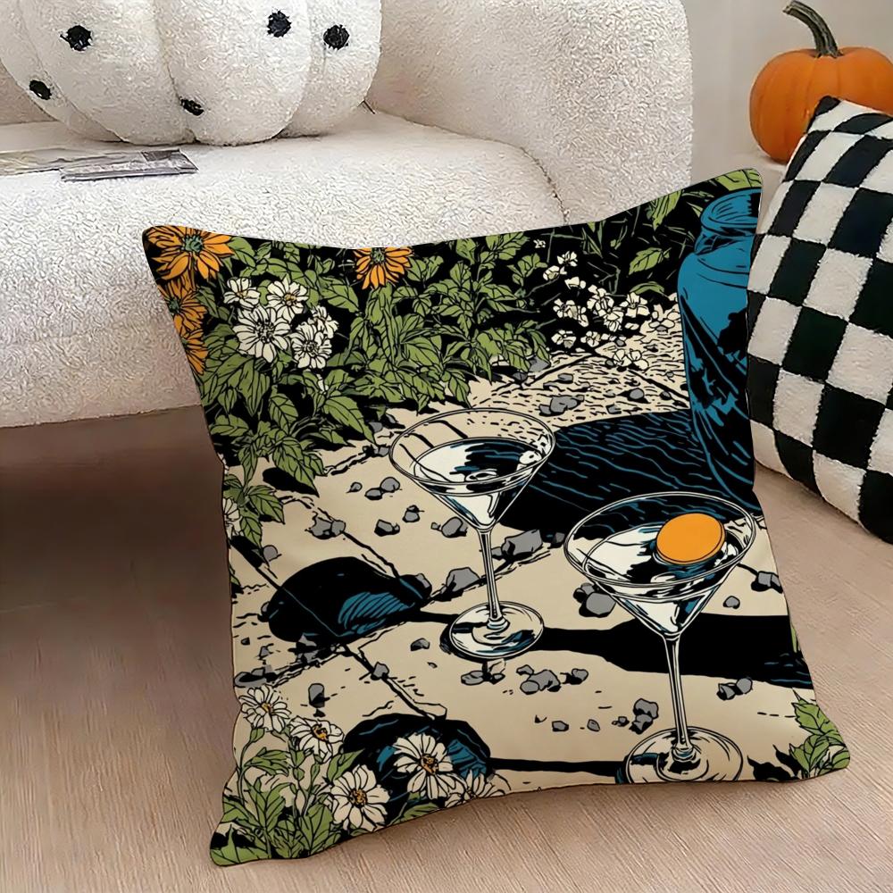 Cocktail glass print Cushion Cover Natural Linen Double Sided Print Throw Pillow Case for Sofa Couch Home Decor