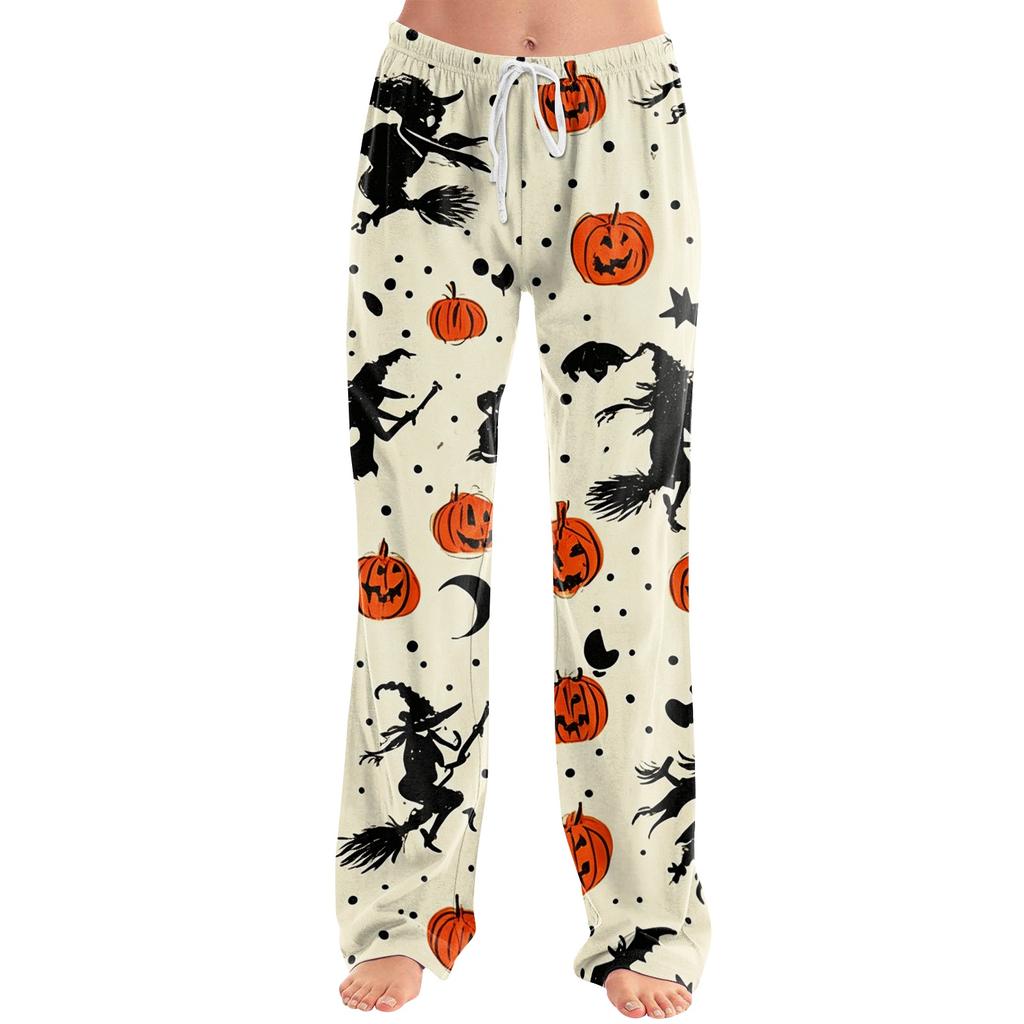 Women's Drawstring Waist Halloween Printed Long Pants Relaxed Fit Casual Trousers with Festive Pumpkin Bat Pattern