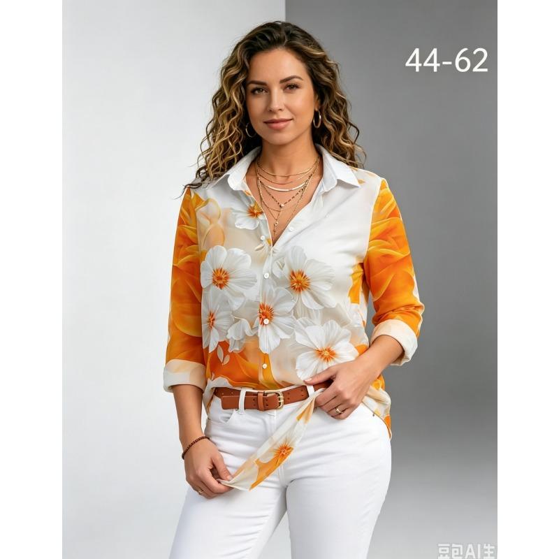 Spring and autumn elegant long-sleeve shirt, printed lapel button-up cardigan women's top