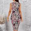 Women Plus Size Sleeveless Round Neck Midi Bodycon Dress White Base Red Rose Floral Print Slim Fitted Dress