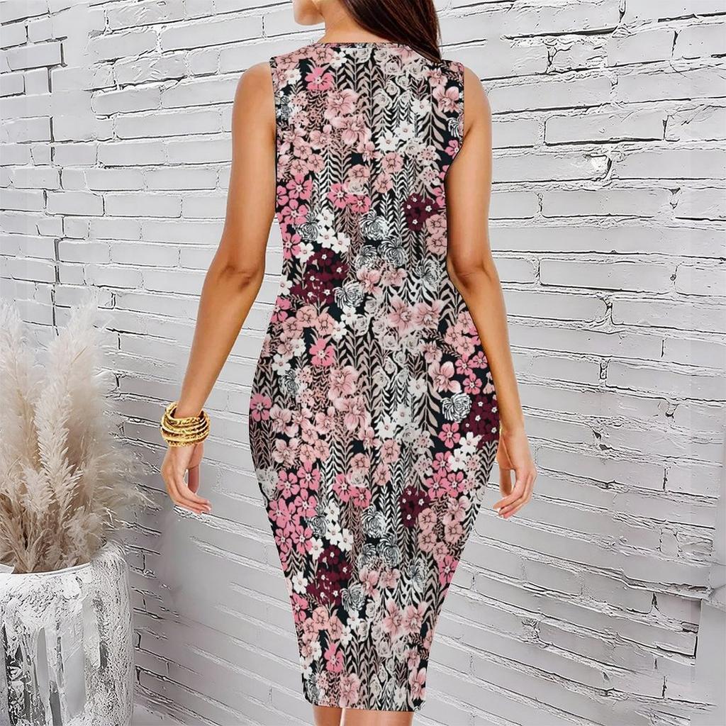 Women Plus Size Sleeveless Round Neck Midi Bodycon Dress White Base Red Rose Floral Print Slim Fitted Dress