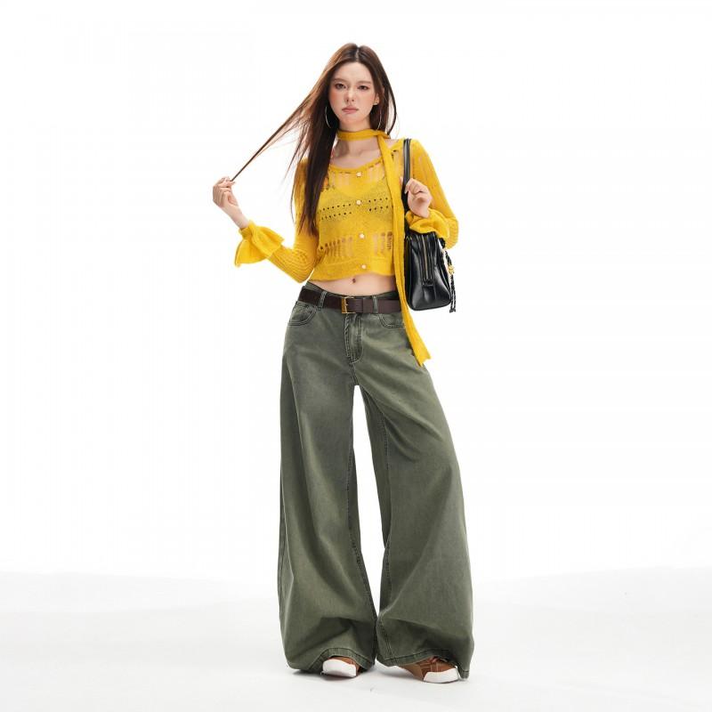 High-Waisted Wide Leg Cropped Loose Fit Denim Pants Women 2026 Washed Cotton Blend
