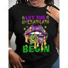 Women's Mardi Gras "Let The Shenanigans Begin" Graphic Black Casual Short Sleeve Crew Neck Tee